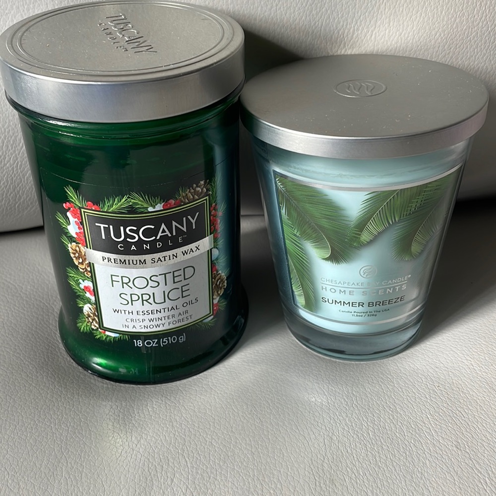 Unlit Scented Candle Lot. Tuscany Candle Frosted spruce and summer breeze